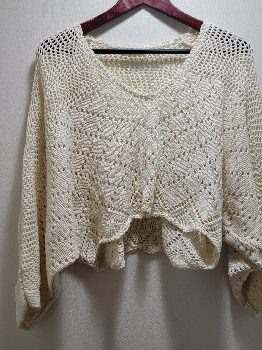 Urban Outfitters Cream Open-Knit V-Neck Sweater